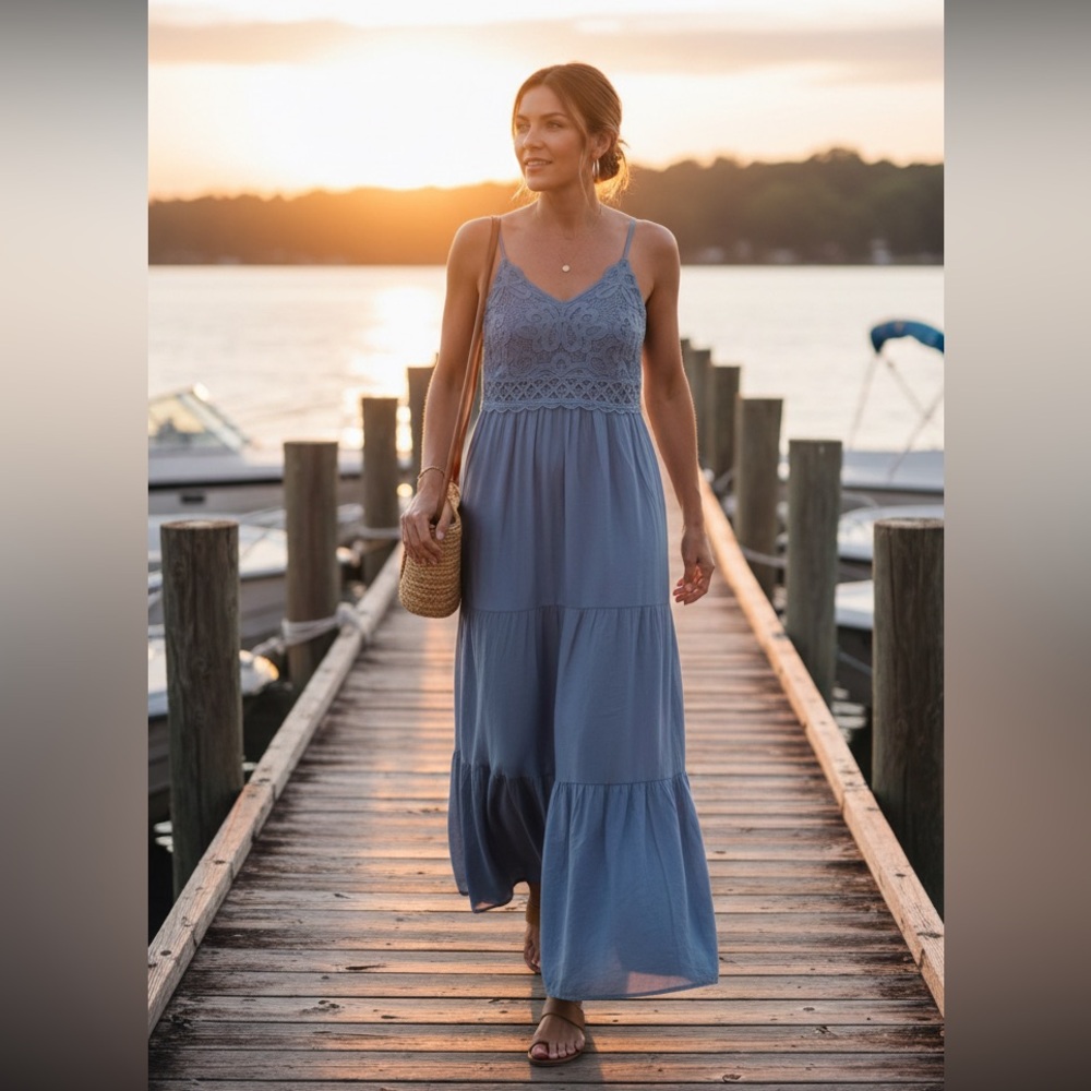 Blue Tiered Sleeveless Maxi Dress with Lace Bodice Size Large